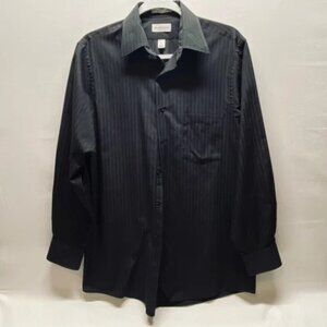 Van Heusen Dress Shirt Men's Medium Black Sateen Stripe Long Sleeve Wrinkle Free